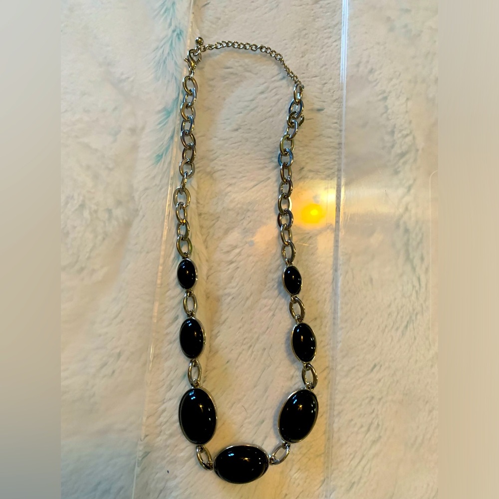 Black stone necklace silver tone necklace chain